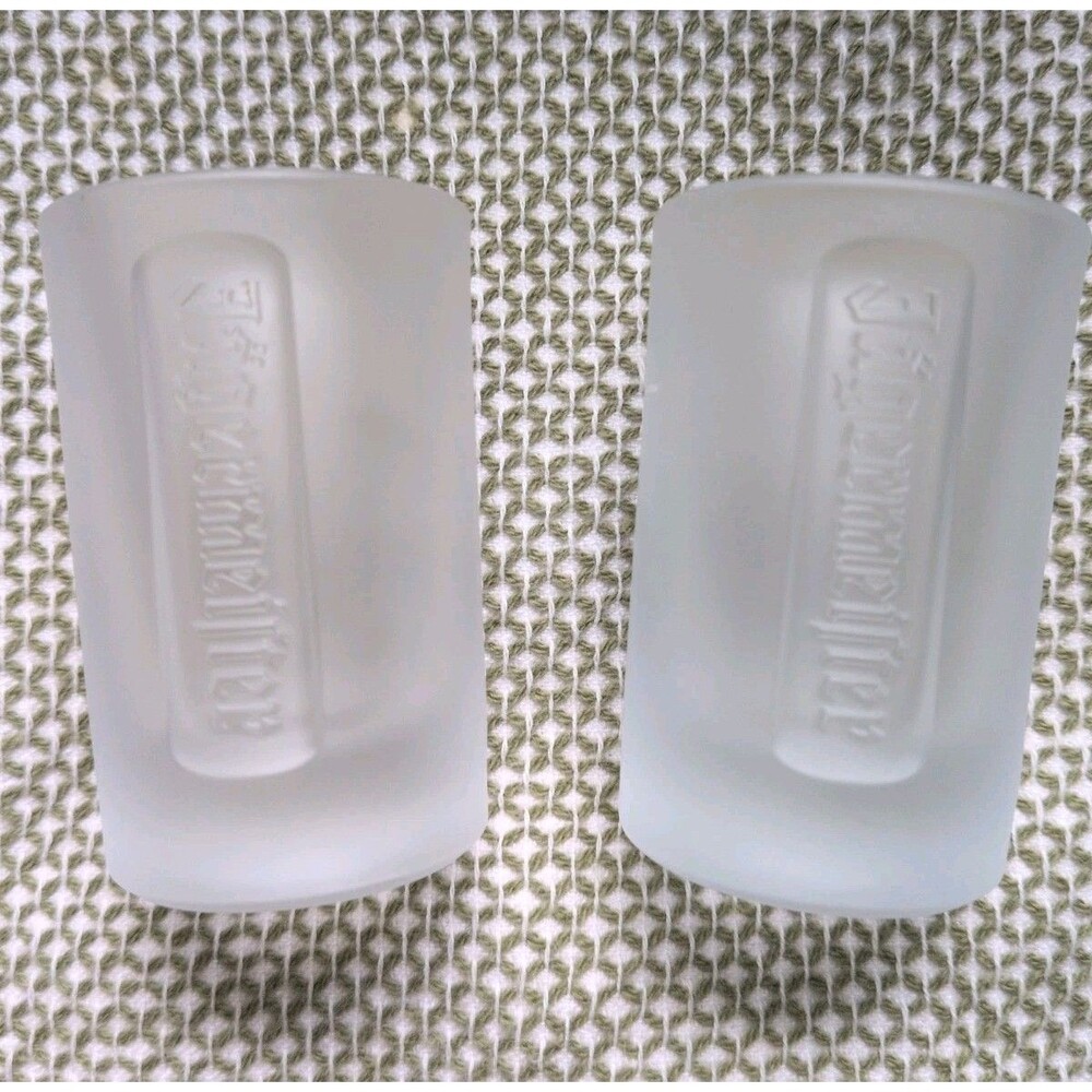 2x Jagermeister Frosted Shot Glass 2cl CE St Hubertus Stag Logo Raised Letters